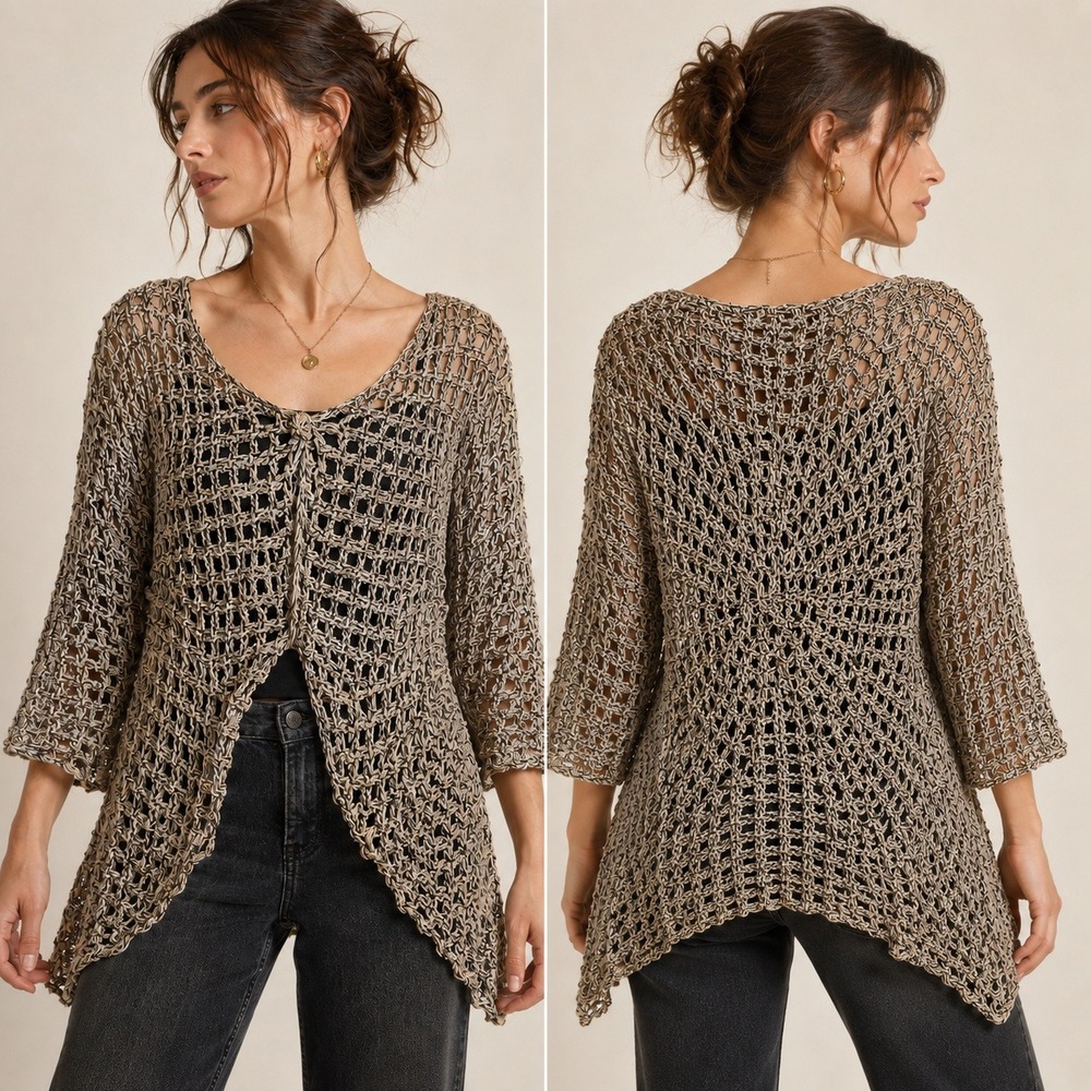Metallic Open Knit Crochet Sweater M Boho Lagenlook Gold Cardigan Coastal
